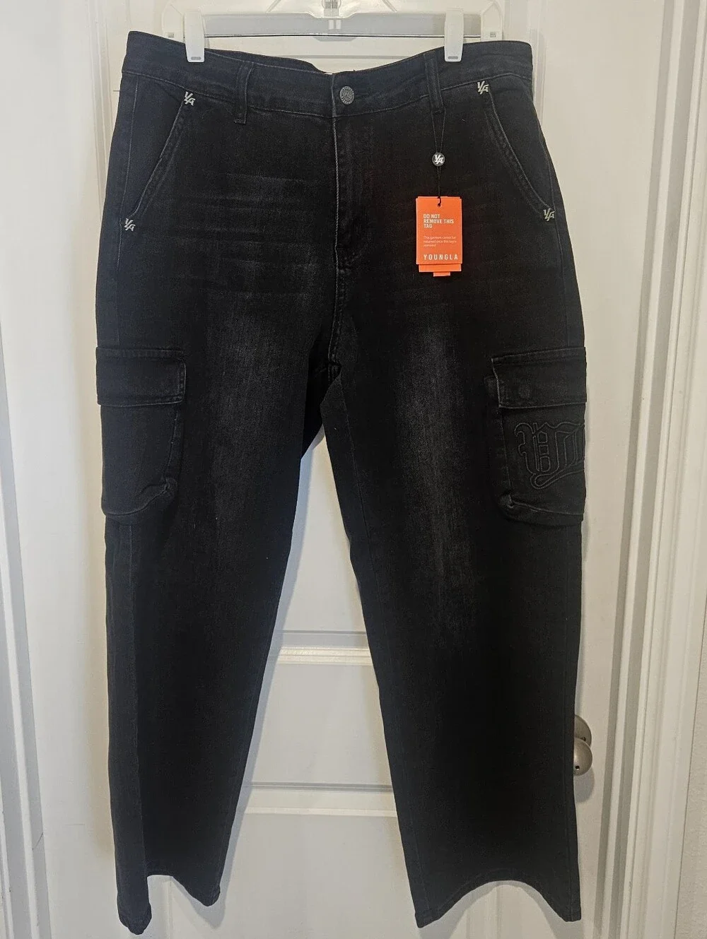 NWT YoungLA Mens Spring Cargo Black Jeans Size L Waist 36